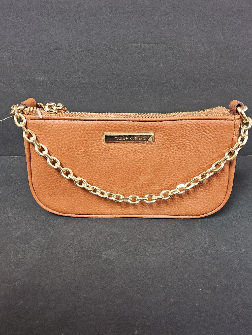 Anne Klein Brown Leather Mini Shoulder Bag with Gold Chain